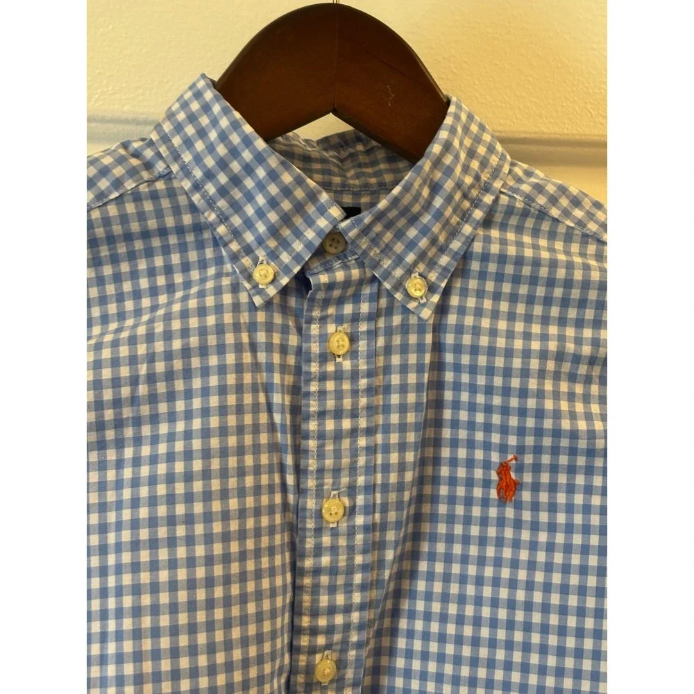Ralph Lauren Boys Blue Gingham Button Down Shirt Long Sleeve Cotton Size 5